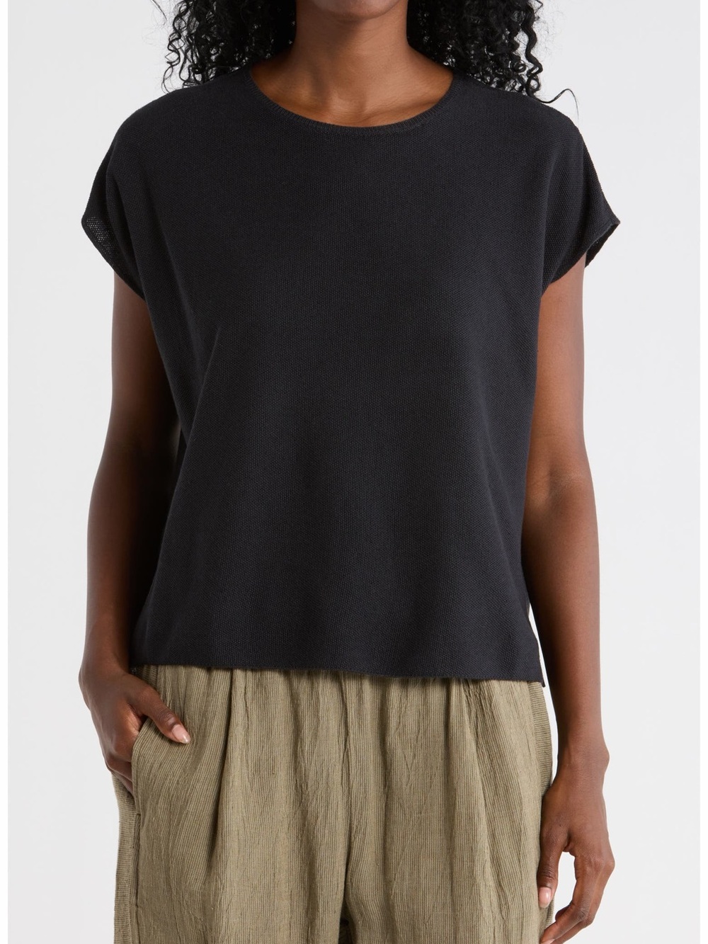 Eileen Fisher Black Organic Linen Cotton Boxy Sweater L